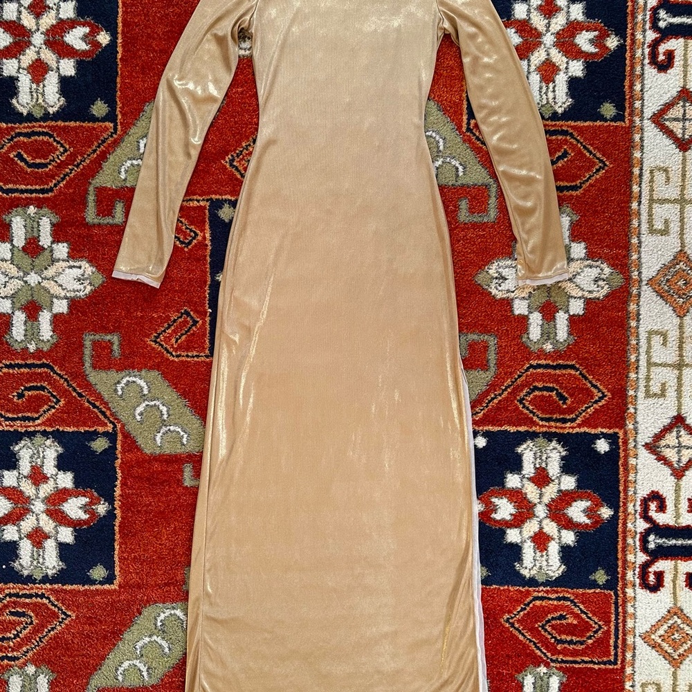 Metallic gold slinky full length dress